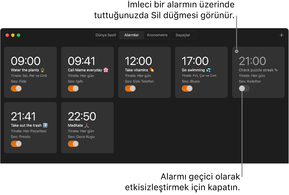Saat uygulamasında, çeşitli görevleri ve saatleri gösteren birden fazla alarmın bulunduğu Alarmlar bölümü.