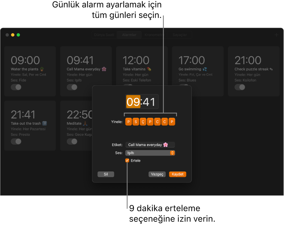 Saat uygulamasında alarm ayarlamaya yönelik açılır pencere.