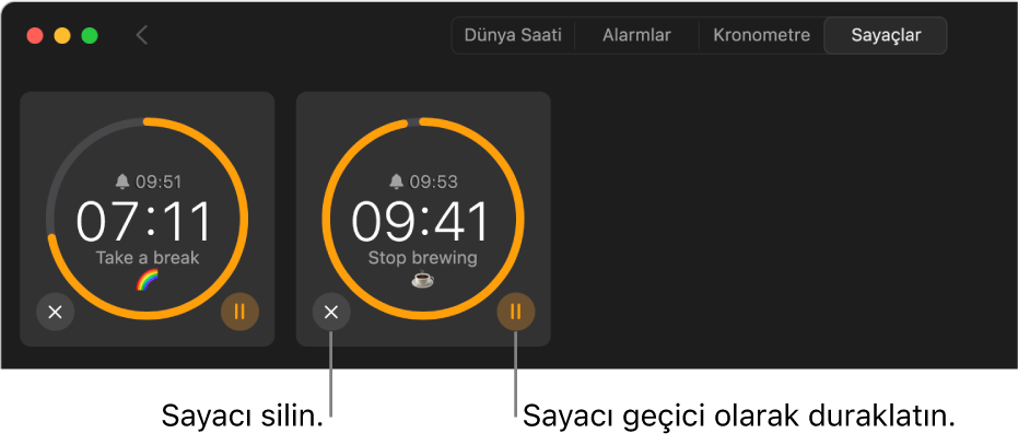 Saat penceresinde çalışan iki sayaç var. Her bir sayaç, sona ereceği saat ve ne kadar zaman kaldığı ile etiketlenmiştir. Etiket, gri daire üzerinde sarı bir yay ile çevrilidir. Yay, sayacın kalan bölümünü gösteriyor. Her bir sayacı silme veya duraklatma düğmeleri dairelerin altında görünür.