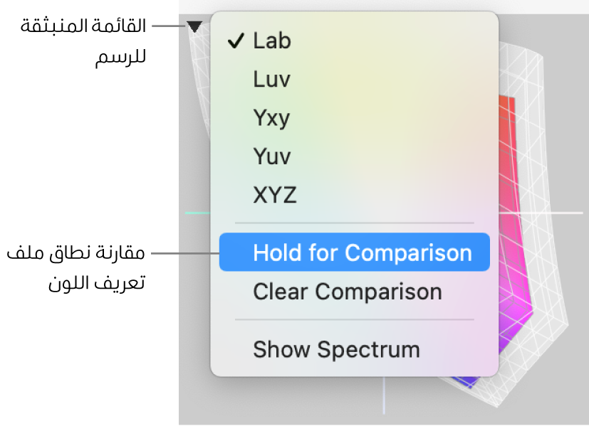 تظهر القائمة المنبثقة رسم lab في الزاوية العلوية اليمنى.