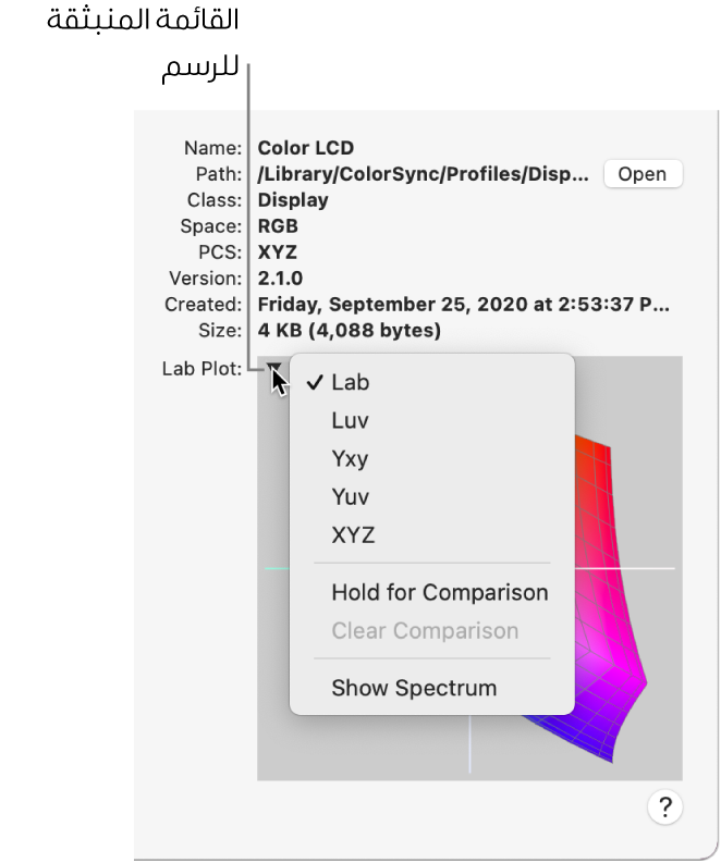 تظهر القائمة المنبثقة رسم lab في الزاوية العلوية اليمنى.