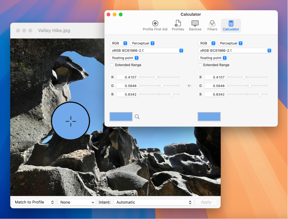 The Calculator pane showing the color values for a pixel in two different color profiles.