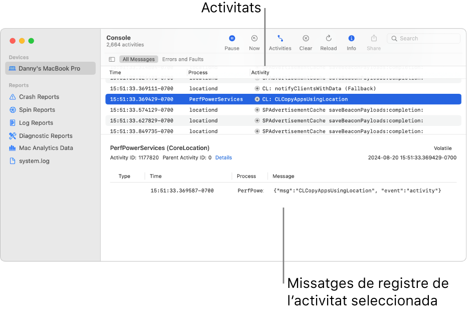 Finestra de la Consola que mostra les activitats a la part superior i els missatges de registre de l’activitat seleccionada a la part inferior.