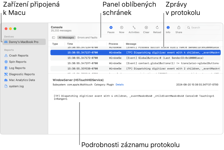Okno Konzoly, v němž jsou nalevo zobrazena zařízení připojená k Macu, napravo zprávy protokolu a u dolního okraje podrobnosti protokolu; je zde také zobrazen panel Oblíbené s uloženými hledáními