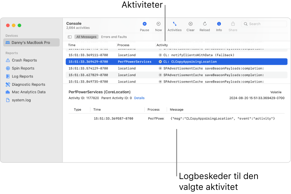 Konsolvinduet, der viser aktiviteter øverst, og logbeskeder til den valgte aktivitet nederst.