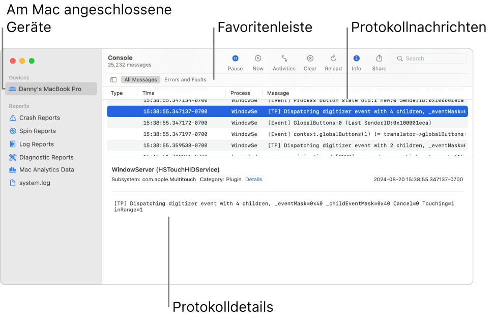 Im Fenster „Konsole“ sind links die an deinen Mac angeschlossenen Geräte und rechts die Protokollmeldungen zu sehen. Die Protokolldetails werden unten im Fenster angezeigt. Das Fenster umfasst außerdem eine Favoritenleiste mit den von dir gesicherten Suchen.