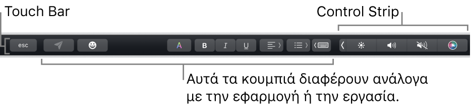 Το Touch Bar κατά μήκος του πάνω μέρους του πληκτρολογίου, όπου εμφανίζεται το συμπτυγμένο Control Strip στα δεξιά, και κουμπιά που διαφέρουν ανά εφαρμογή ή εργασία.