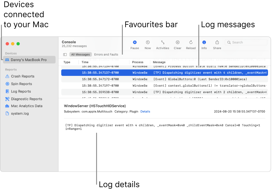 The Console window showing devices connected to your Mac on the left, log messages on the right, and log details on the bottom; there is also a Favourites bar showing your saved searches.