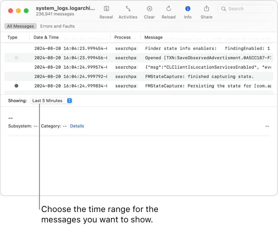 The Console window showing the log archive. Choose a time range from the Showing field in the lower-left part of the screen for the messages you want to show.