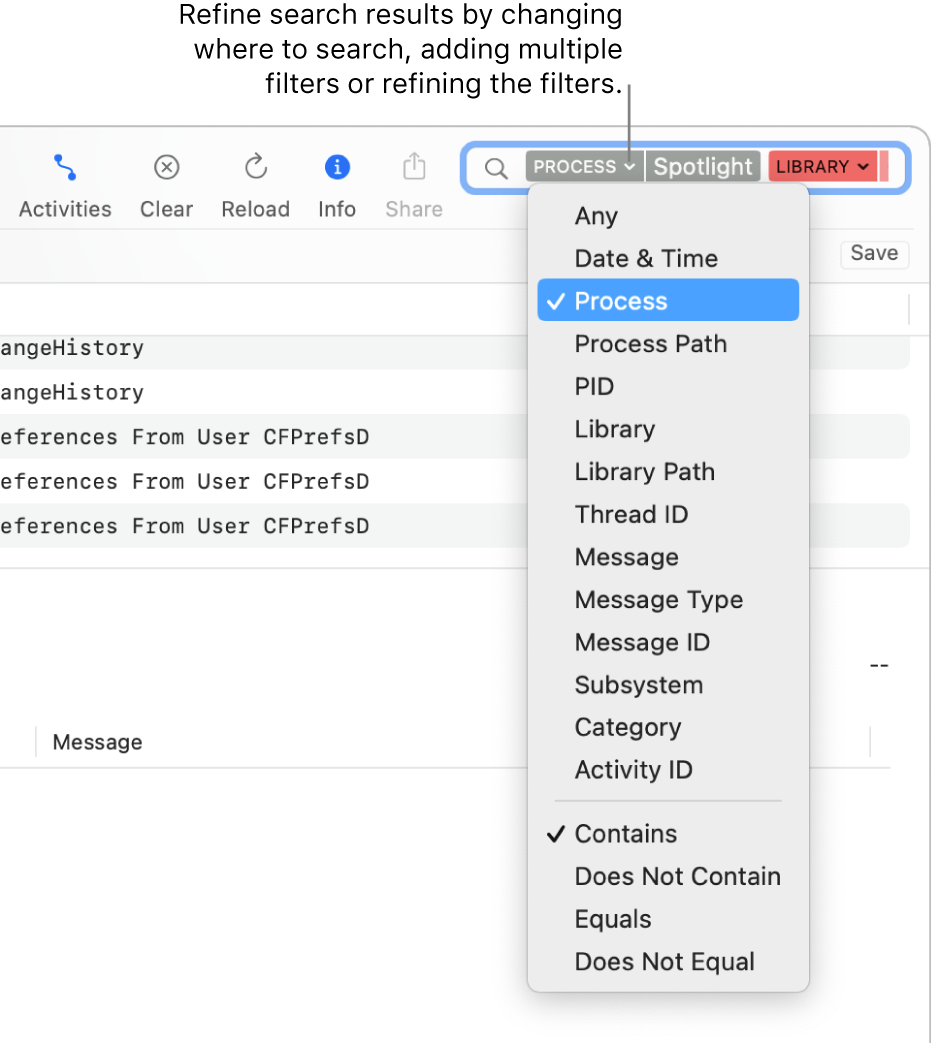 The search field at the top of the Console window, with two search filters in the field and a menu below one of them. You can refine the search results by changing the filter, adding multiple filters, or refining the filter.