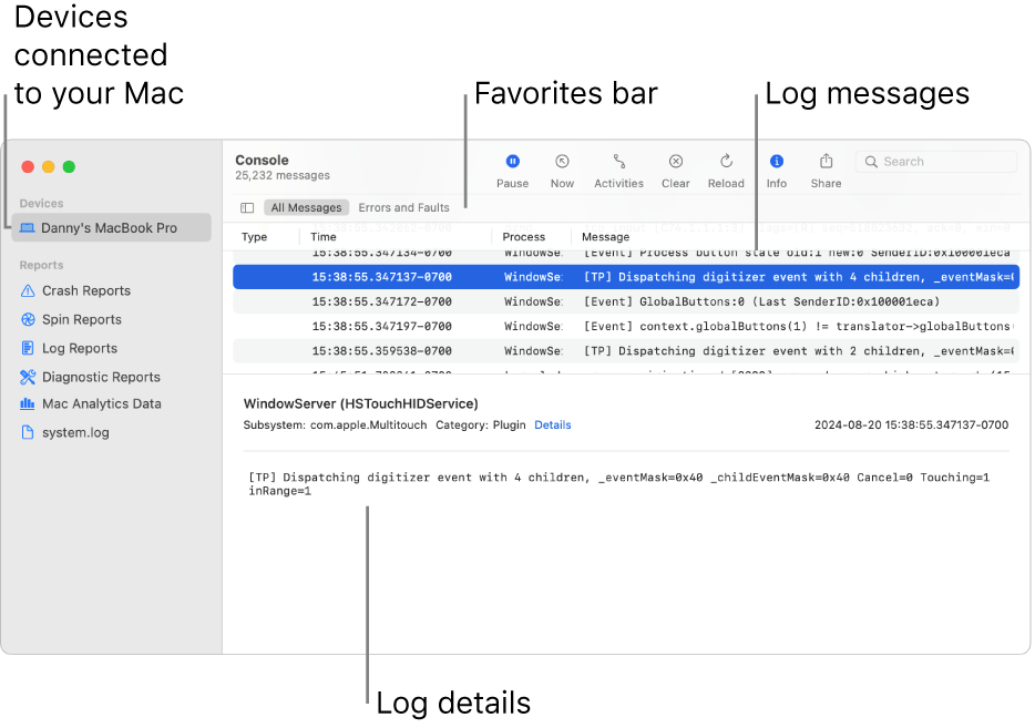 The Console window showing devices connected to your Mac on the left, log messages on the right, and log details at the bottom; there is also a Favourites bar showing your saved searches.