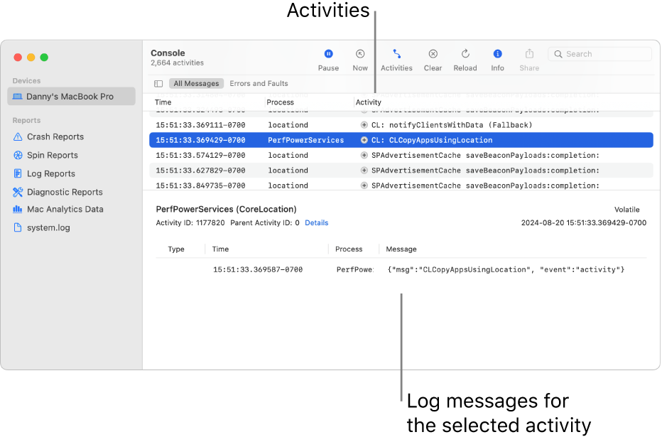 The Console window showing activities on the top and log messages for the selected activity on the bottom.