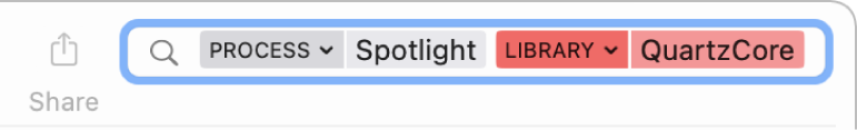 Search field in the Console window with the search criteria set to find messages from the Spotlight process, but not from the QuartzCore library.