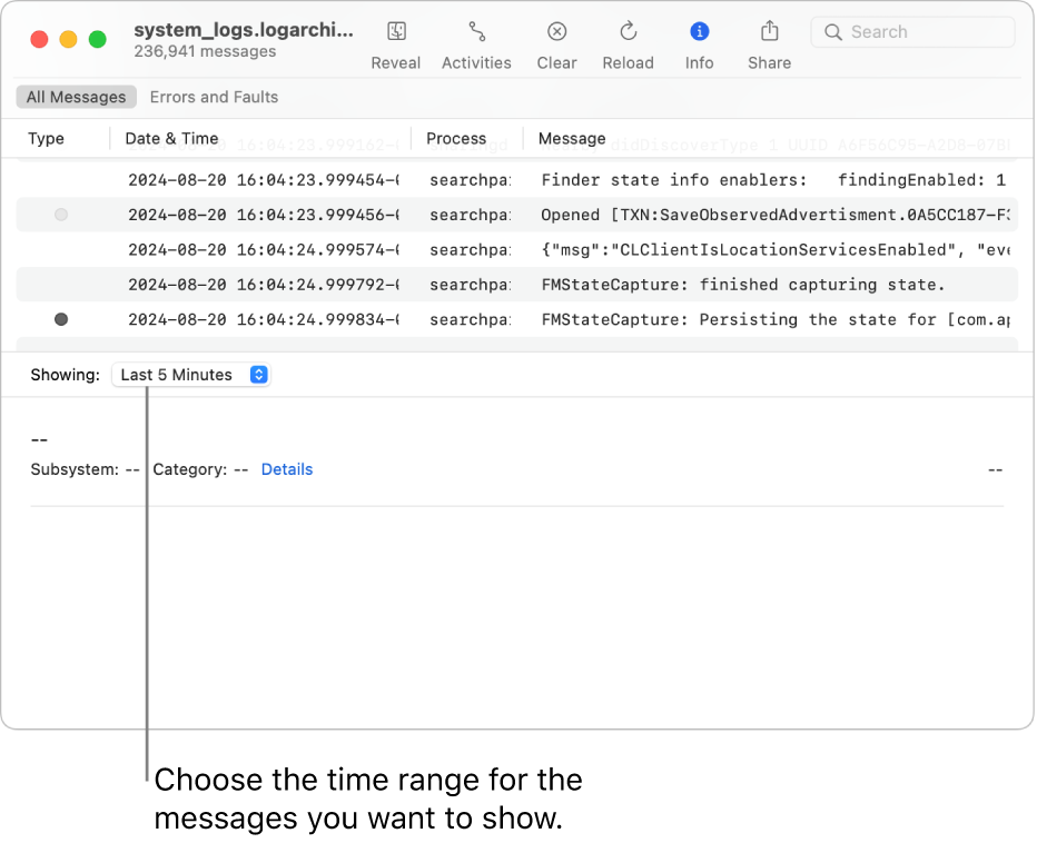 The Console window showing the log archive. Choose a time range from the Showing field in the lower-left part of the screen for the messages you want to show.