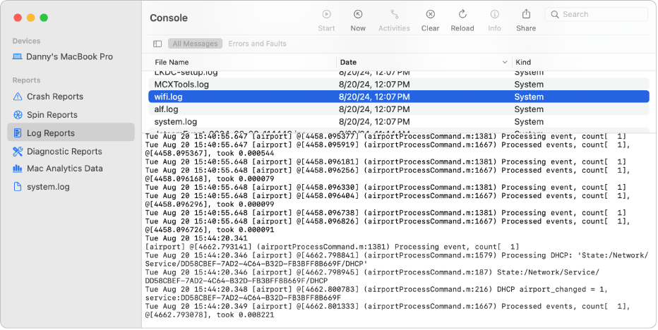 The Console window with the wifi.log report selected and details below.