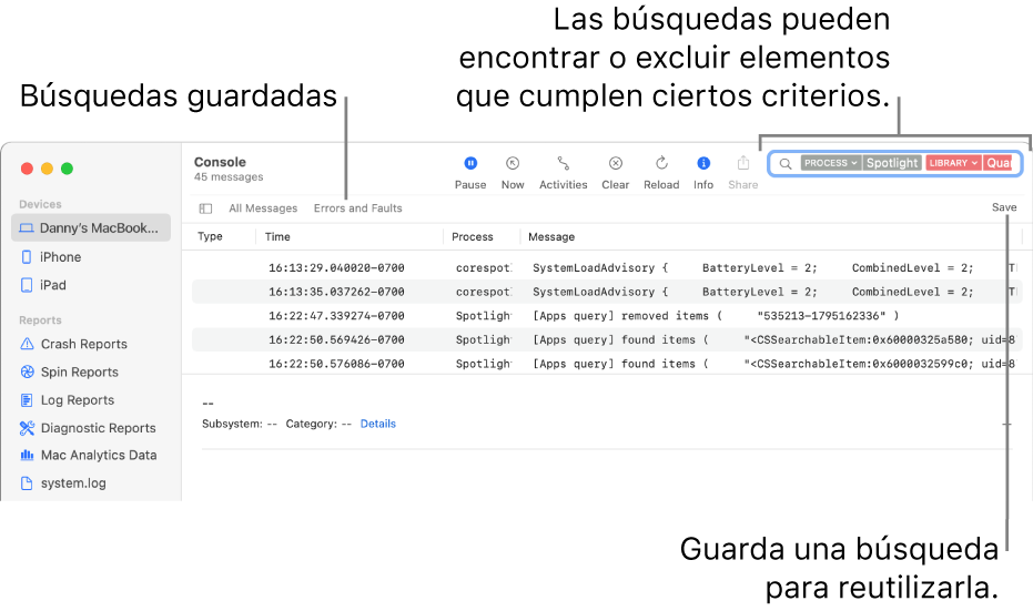 Ventana de Consola con criterios de búsqueda ingresados. Las búsquedas pueden incluir y excluir registros y actividades con base en varias categorías.