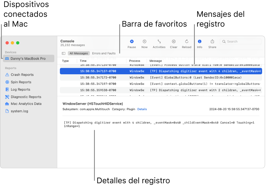 La ventana Consola con los dispositivos conectados al Mac a la izquierda, los mensajes de registro a la derecha y los detalles de registro abajo; también hay una barra de favoritos que muestra las búsquedas guardadas.