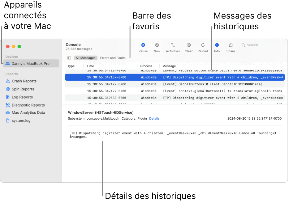 La fenêtre de Console affichant les appareils connectés à votre Mac sur la gauche, les messages d’historique sur la droite et les détails d’historique en bas, ainsi que la barre des favoris montrant vos recherches enregistrées.