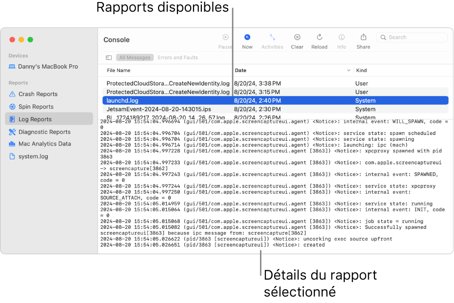 Fenêtre de Console présentant les catégories de rapport dans la barre latérale, les rapports en haut à droite de la barre latérale, et les détails des rapports en dessous.