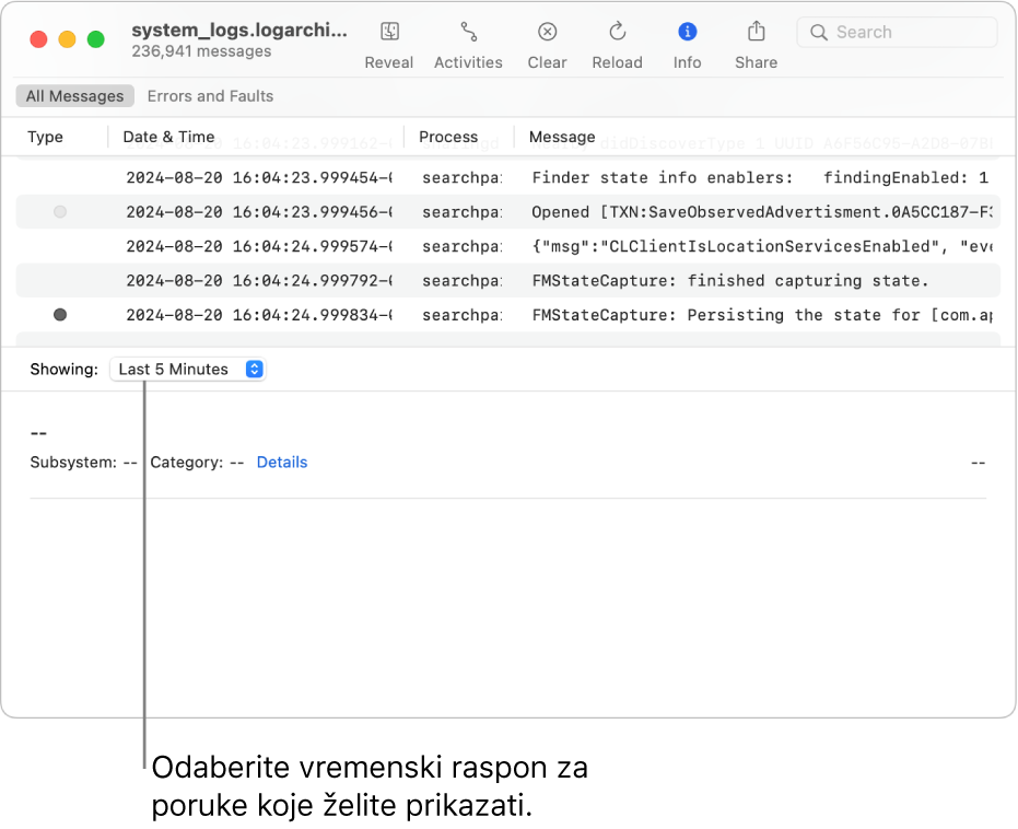 Prozor aplikacije Konzola s prikazom arhive log zapisa. Odaberite vremenski raspon iz polja Prikazuje se u donjem lijevom dijelu zaslona za poruke koje želite prikazati.