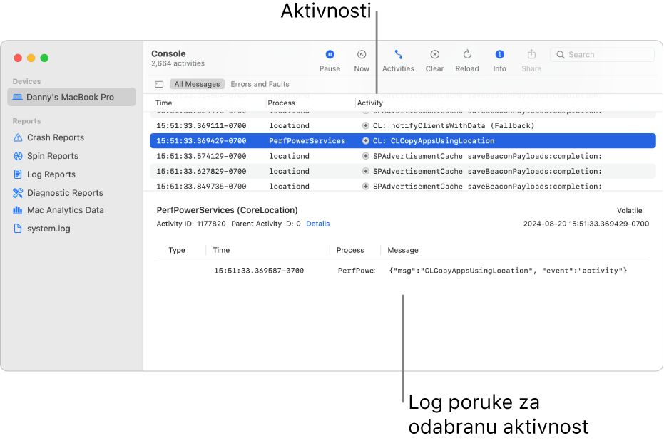Prozor Konzole prikazuje aktivnosti na vrhu i log poruke za odabranu aktivnost na dnu.