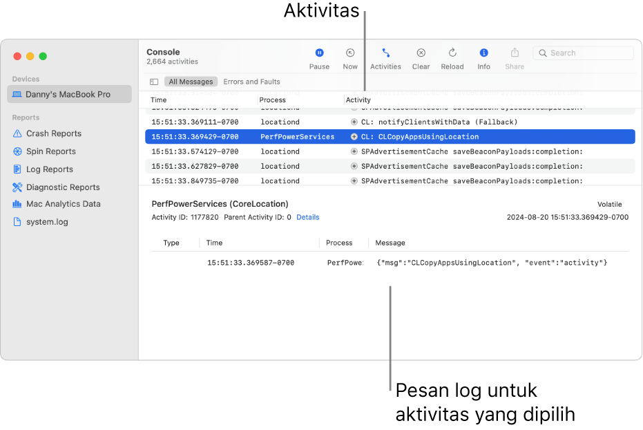 Jendela Konsol menampilkan aktivitas di bagian atas dan pesan log dari aktivitas yang dipilih di bagian bawah.