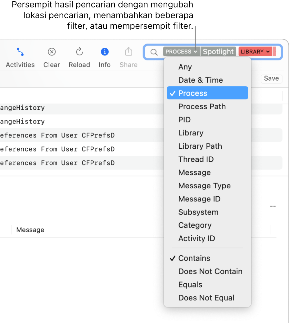 Bidang pencarian di bagian atas jendela Konsol, dengan dua filter pencarian di bidang dan menu di bawah salah satunya. Anda dapat mempersempit hasil pencarian dengan mengubah filter, menambah beberapa filter, atau mempersempit filter.