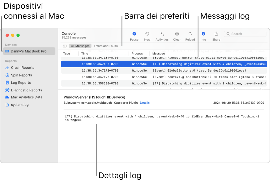 La finestra di Console con i dispositivi connessi al Mac a sinistra, i messaggi log a destra e i dettagli dei log in basso. Viene mostrata anche la barra Preferiti con le ricerche che hai salvato.