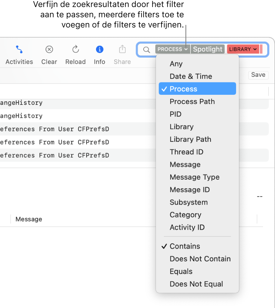 Het zoekveld boven in het Console-venster, met twee zoekfilters in het veld en een menu onder een van de filters. Je kunt de zoekresultaten verder verfijnen door het filter aan te passen of filters toe te voegen.