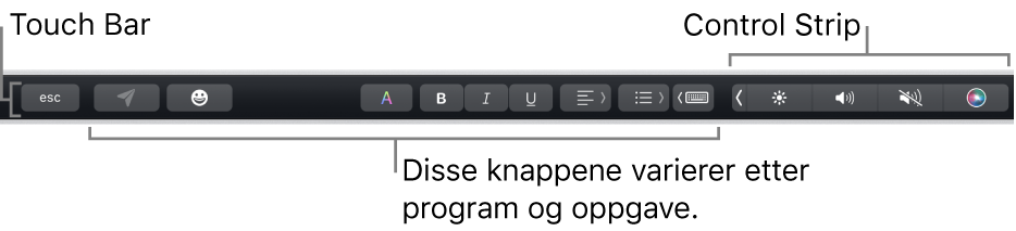 Touch Bar langs toppen av tastaturet, som viser minimert Control Strip til høyre og knapper som varierer avhengig av program eller oppgave.