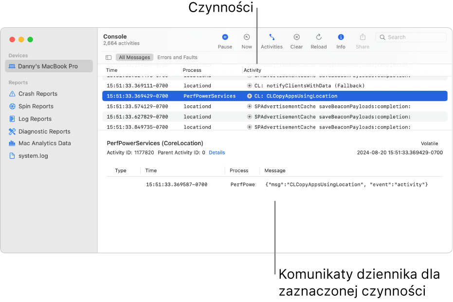 Okno Konsoli, wyświetlające na górze czynności, a na dole komunikaty dziennika dotyczące zaznaczonej czynności.