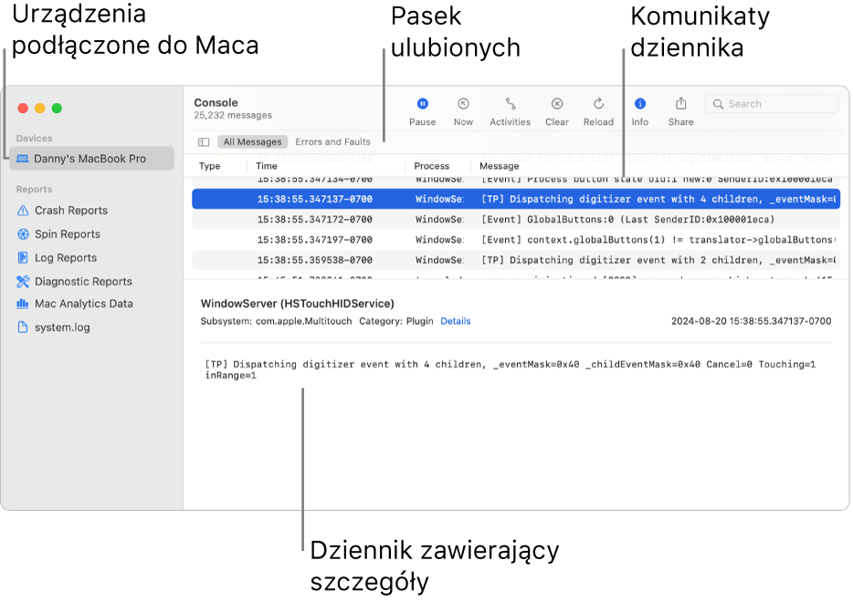 Okno Konsoli pokazujące po lewej urządzenia podłączone do Maca, po prawej komunikaty dziennika, a na dole szczegóły dziennika. Widoczny jest także pasek ulubionych, zawierający zachowane wyszukiwania.