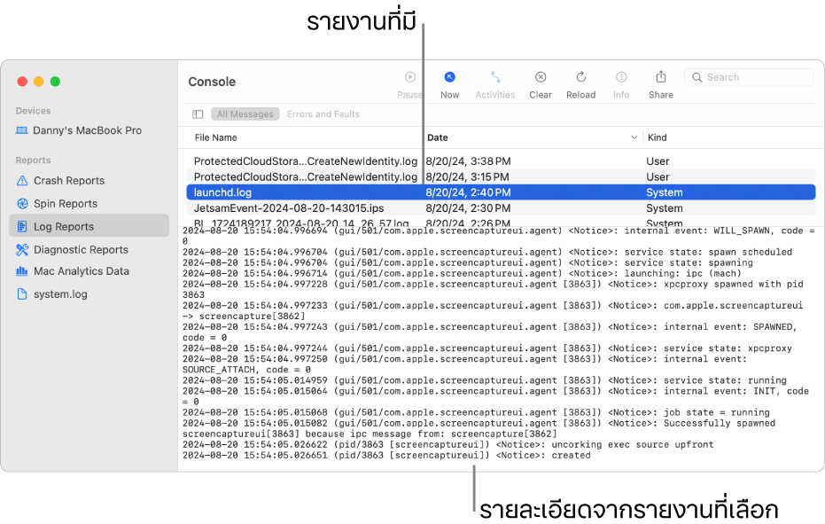 หน้าต่างจอคอนโซลที่แสดงหมวดหมู่ของรายงานในแถบด้านข้าง ตัวรายงานที่ด้านบนสุดและด้านขวาของแถบด้านข้าง และรายละเอียดของรายงานที่ด้านล่าง