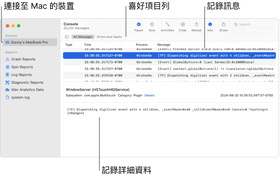 「系統監視程式」視窗左側會顯示連接至你 Mac 的裝置，右側顯示記錄訊息，下方顯示記錄詳細資料；並有「喜好項目」列，當中包括你儲存的搜尋。