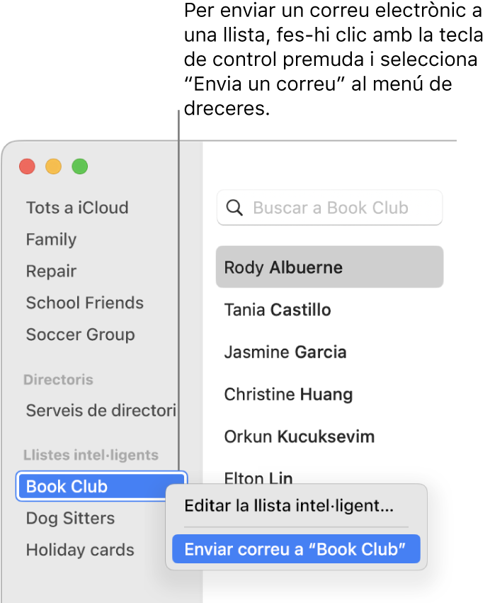 Barra lateral de l’app Contactes que mostra el menú desplegable amb l’ordre per enviar un correu electrònic a la llista seleccionada.