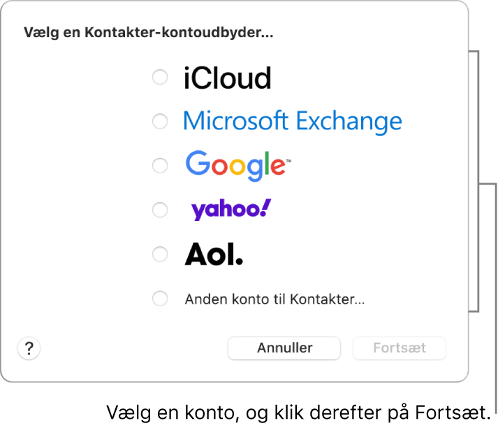 Den liste med internetkontotyper, du kan føje til appen Kontakter: iCloud, Exchange, Google, Yahoo, AOL og Anden konto til Kontakter.