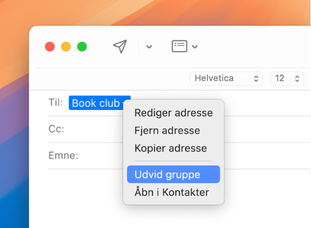 En e-mail i Mail, der viser en liste i feltet Til, og lokalmenuen viser kommandoen Udvid gruppe valgt.
