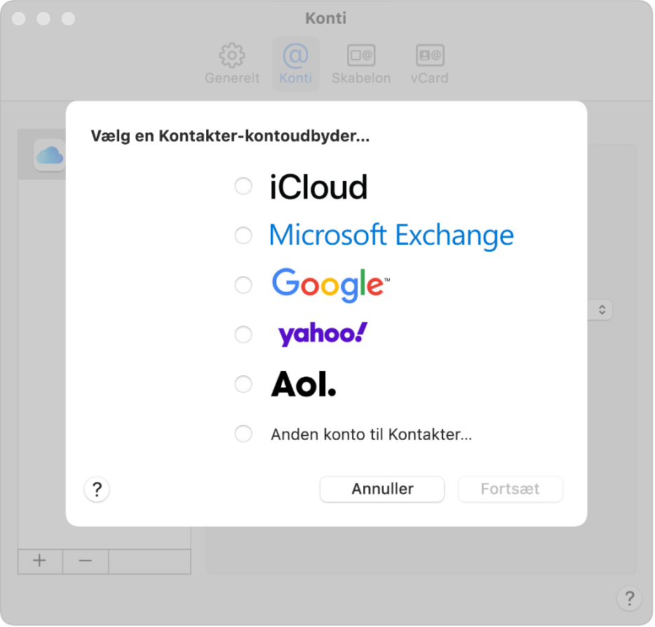 Vinduet, hvor du føjer internetkonti til appen Kontakter.