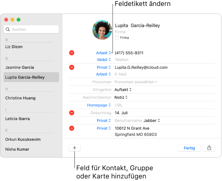 Kontaktkarte mit einem Feld mit variierbarem Etikett und einer Taste unten zum Hinzufügen eines Kontakts, einer Liste oder eines Felds auf der Karte