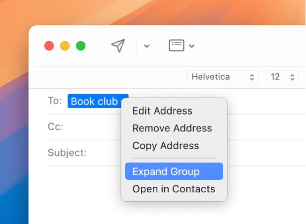 An email in Mail, showing a list in the To field and the pop-up menu showing the Expand Group command selected.