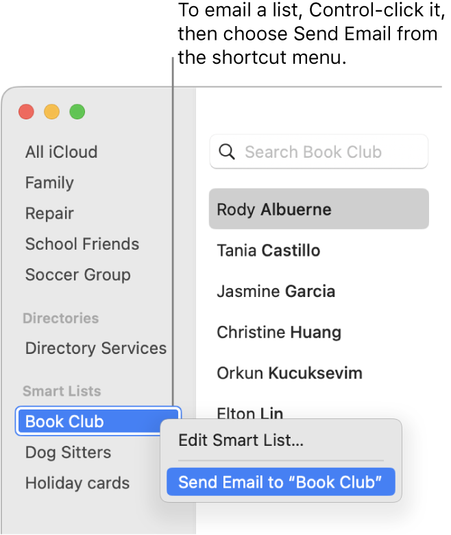 The Contacts sidebar showing the pop-up menu with the command for sending email to the list selected.