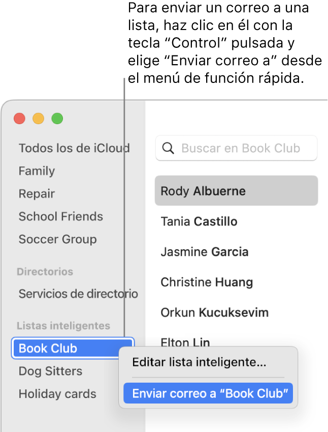 La barra lateral de Contactos mostrando el menú desplegable con el comando para enviar un correo a la lista seleccionada.