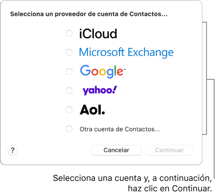 La lista de los tipos de cuenta de Internet que puedes agregar a la app Contactos: iCloud, Exchange, Google, Yahoo, AOL y “Otra cuenta de Contactos”.