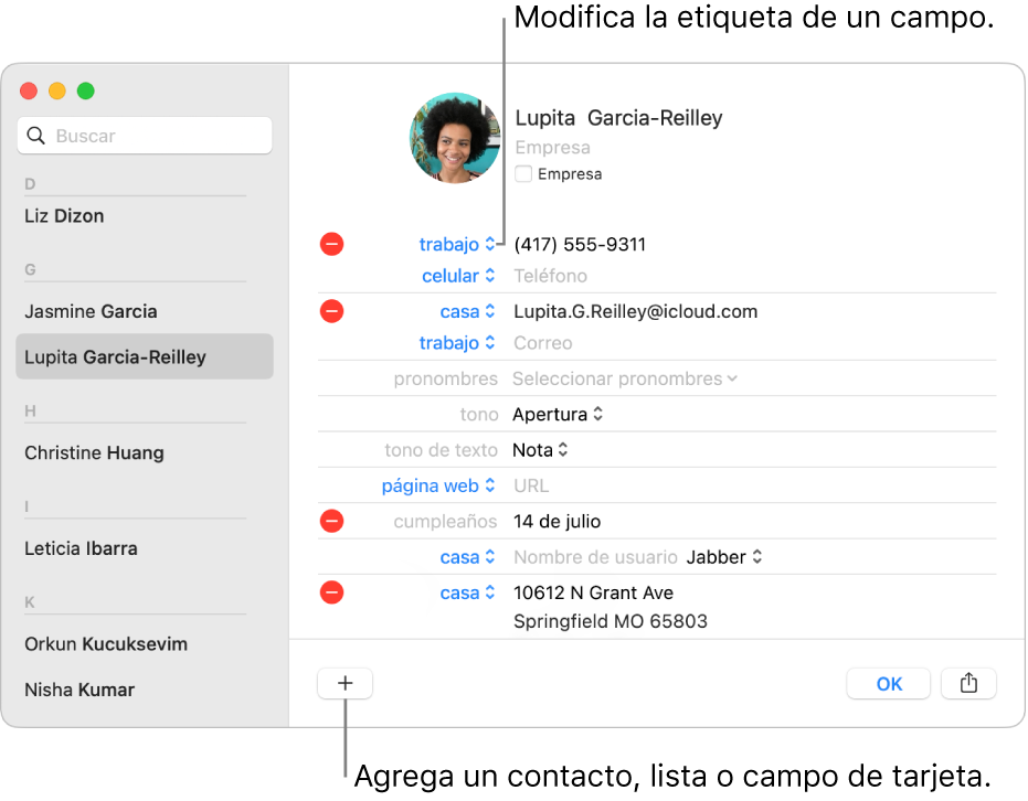 Una tarjeta de contacto mostrando una etiqueta de campo que se puede modificar y, en la parte inferior de la tarjeta, el botón para agregar un contacto, lista o campo de tarjeta.