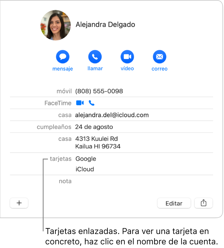 Una tarjeta enlazada con dos cuentas en la sección Tarjetas; para ver una determinada cuenta, haz clic en su nombre.