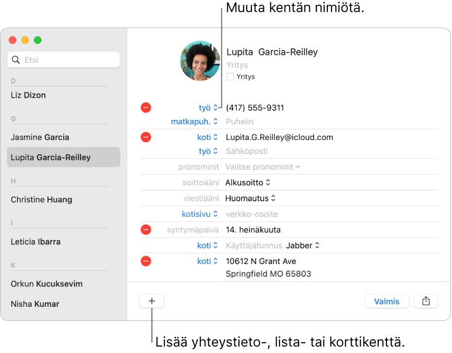 Yhteystietokortti, jossa näkyy muutettavissa oleva kenttänimiö ja kortin alaosassa oleva painike yhteystiedon, listan tai korttikentän lisäämiseen.