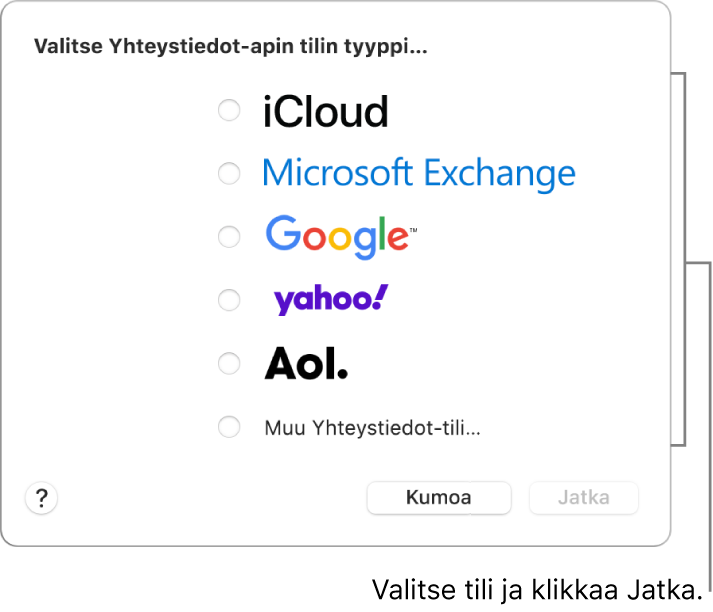 Luettelo internet-tilityypeistä, joita voit lisätä Yhteystiedot-appiin: iCloud, Exchange, Google, Yahoo, AOL ja Muu Yhteystiedot-tili.