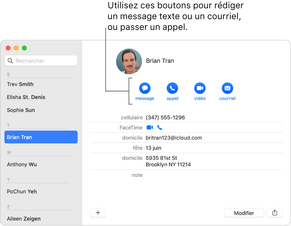 Une fiche de contact affichant les boutons situés sous le nom du contact. Vous pouvez utiliser ces boutons pour commencer un message texte; un appel téléphonique, audio ou vidéo; ou un courriel.