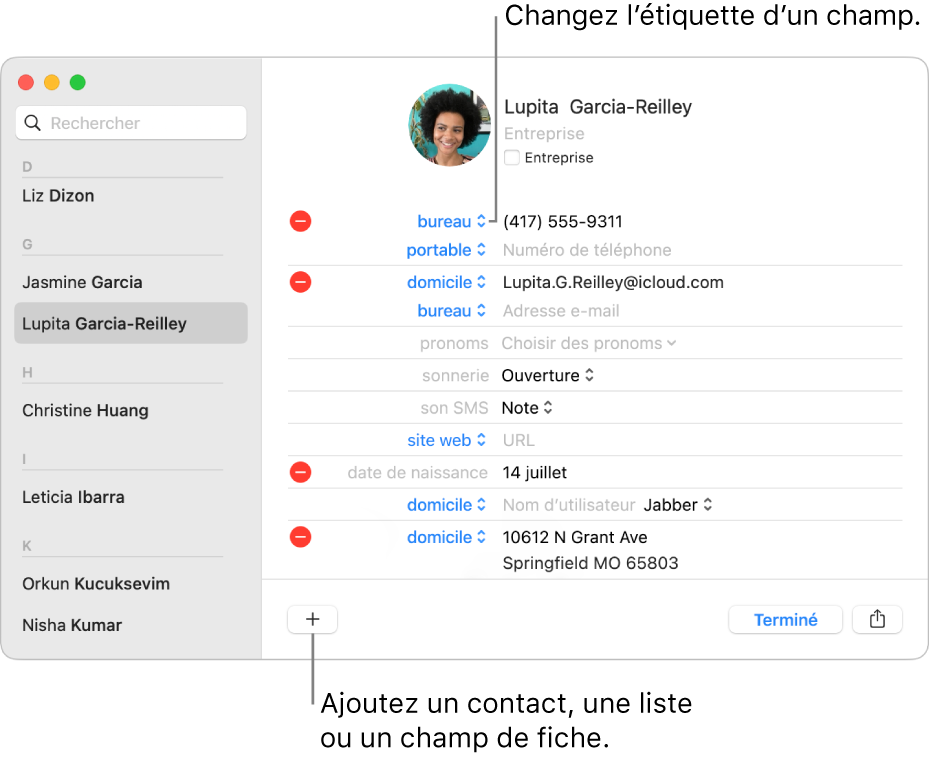 La fiche d’un contact affichant une étiquette de champ qui peut être modifiée et le bouton en bas de la fiche pour ajouter un champ contact, liste ou fiche.