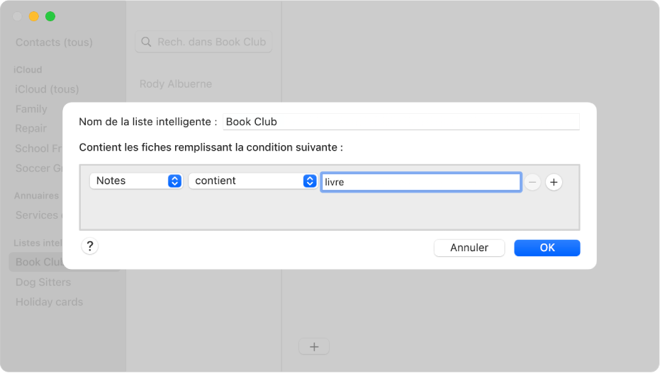 La zone de dialogue d’ajout d’une liste intelligente, avec trois menus locaux pour ajouter des critères.